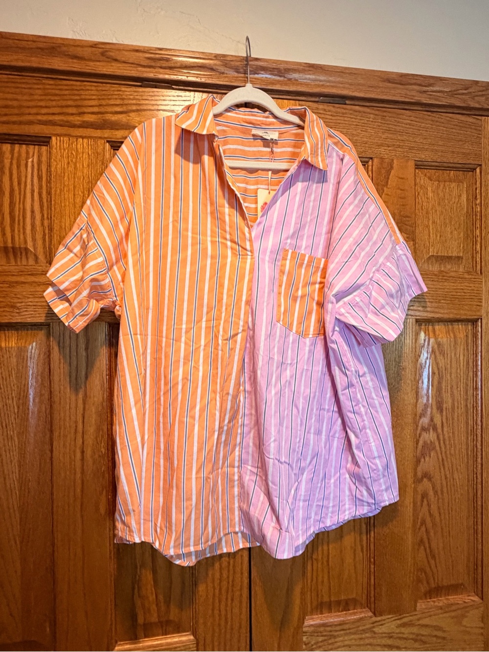 entro Two-Tone Striped Short-Sleeve Button-Down Shirt - Orange & Pink
